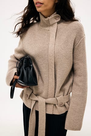 Beige Melange Heavy Knitted Tie Band Cardigan