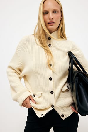 Offwhite Cárdigan con detalle de bolsillo de canalé grueso
