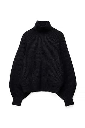 Black Tjock Ribbstickad Tröja med Ballongärm
