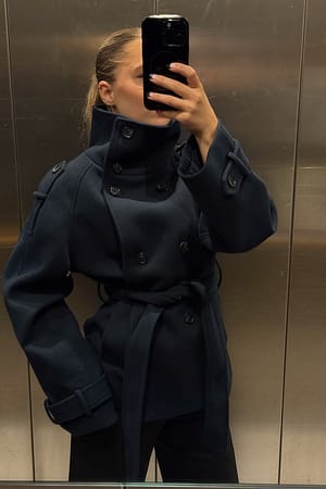 Navy High Neck Belted Short Coat