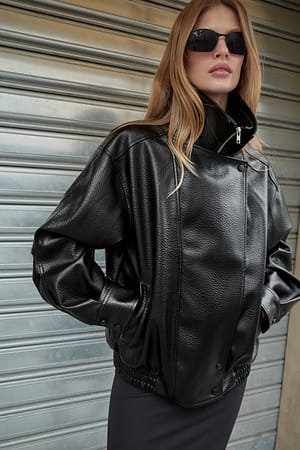 Black High Neck Faux Leather Jacket