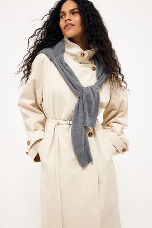 Light Beige Gabardina larga de cuello alto
