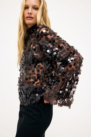 Brown High Neck Sequin Top
