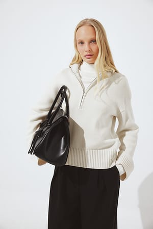 Offwhite High Neck Zipped Knitted Sweater