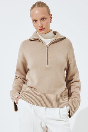 Camel High Neck Zipped Knitted Sweater