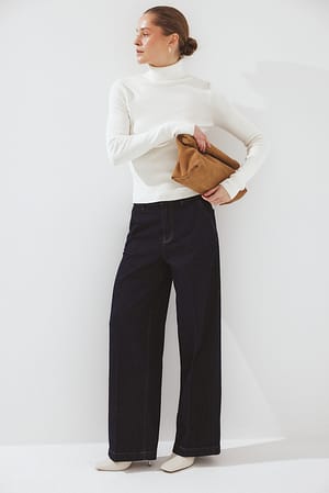 Rinse Wash High Waist Pleat Detail Denim