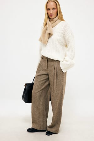 Beige Melange High Waist Pleated Wool Blend Trousers