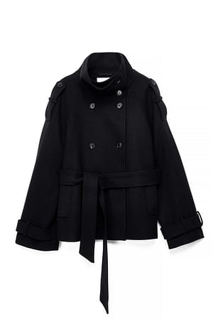 Black High Neck Belted Short Coat