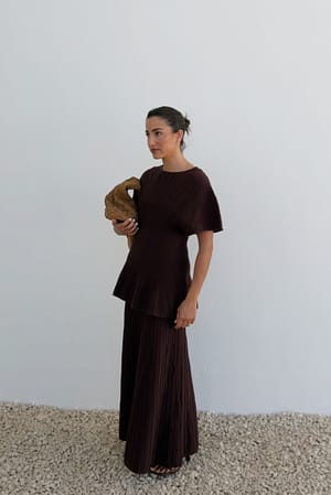 Brown Knitted Rib Peplum Top