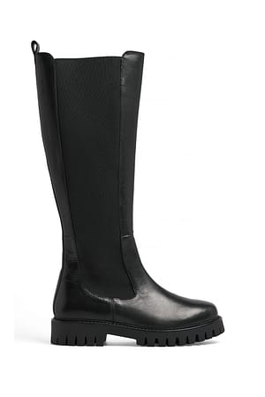Black Knee High Leather Elastic Boots