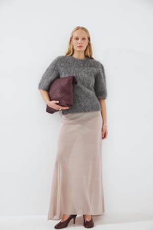 Grey Melange Knitted Alpaca Blend Short Sleeve Sweater