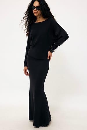 Black Gestricktes Jacquard-Batwing-Maxikleid