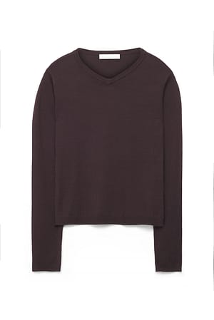 Brown Knitted Long Sleeve V-Neck Top