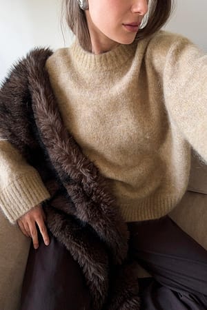 Beige Knitted Mohair Blend Round Neck Sweater