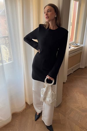 Black Knitted Padded Shoulder Mini Dress