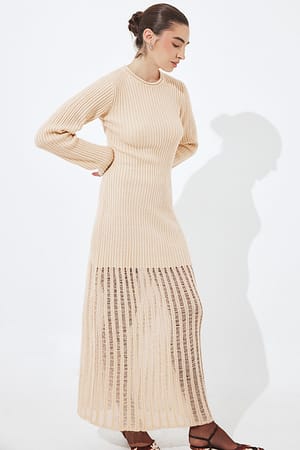 Cream Knitted Ribbed Maxi Dress