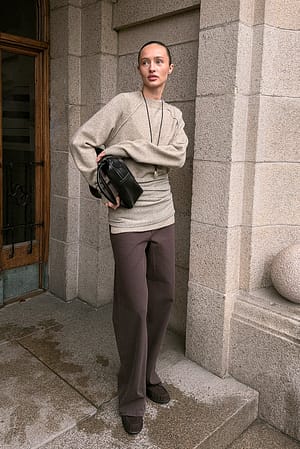 Beige Melange Knitted Round Neck Wool Blend Sweater