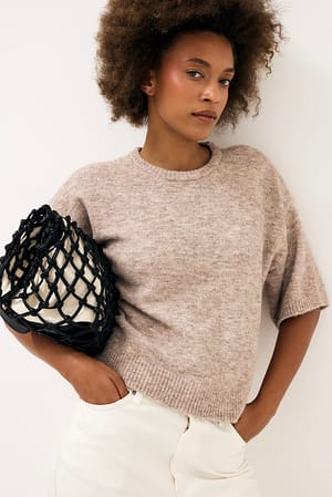 Beige Melange Strickpullover mit kurzen Ärmeln