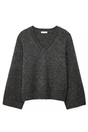 Dark Grey Melange Jersey de punto de mezcla de lana con escote en V
