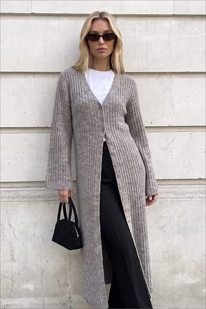 Beige Melange Knitted Wool Blend Cardigan Maxi Dress