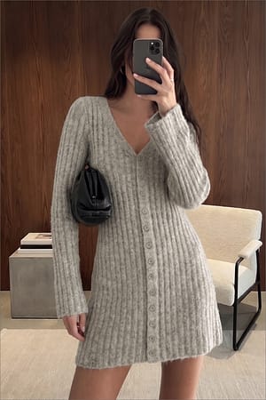 Beige Melange Knitted Wool Blend Cardigan Mini Dress