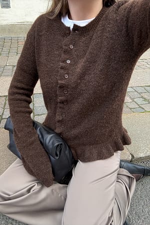 Brown Knitted Wool Blend Flounce Cardigan