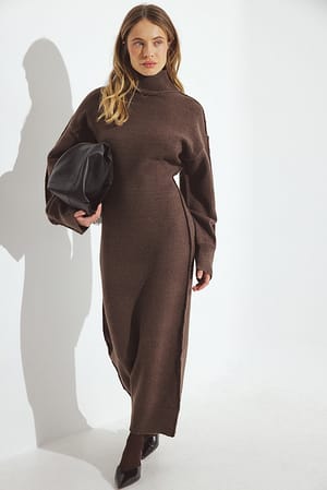 Brown Knitted Wool Blend Sculptural Midi Dress