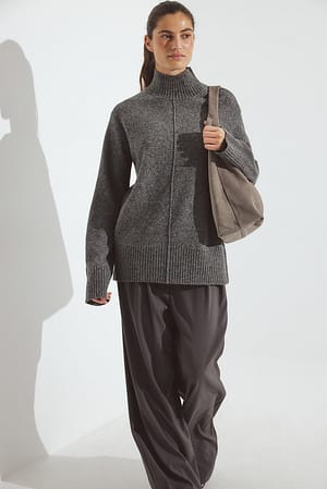Mid Greymelange Knitted Wool Blend Seam Detail Sweater