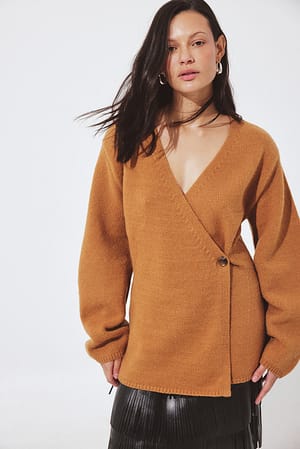 Camel Knitted Wool Blend Wrap Cardigan