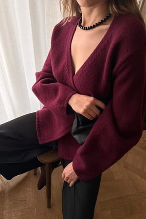 Plum Knitted Wool Blend Wrap Cardigan