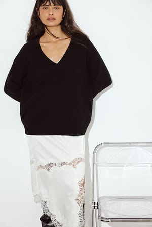 Black Knitted Wool Oversized V-Neck Sweater
