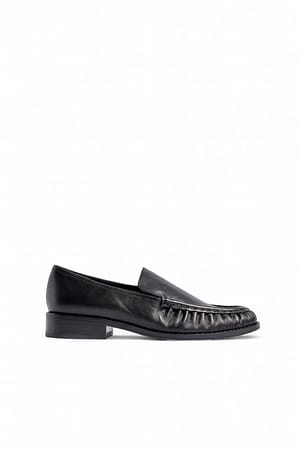 Black Leather Gathered Loafers