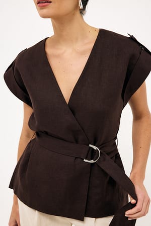 Brown Linen Belted Wrap Vest Top