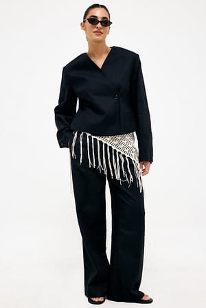 Black Pantalón ancho de mezcla de lino con detalle de doblez