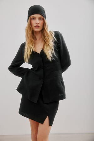 Black Linen Side Slit Mini Skirt