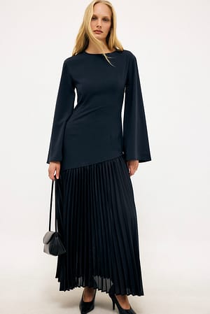 Navy Long Sleeve Asymmetric Plisse Skirt Maxi Dress