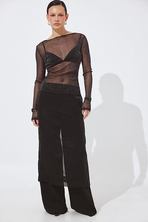 Black Long Sleeve Glitter Mesh Top