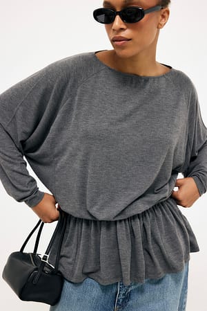Grey Melange Long Sleeve Jersey peplum Top