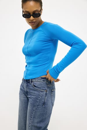Blue Top de jersey de manga larga con dobladillo redondeado