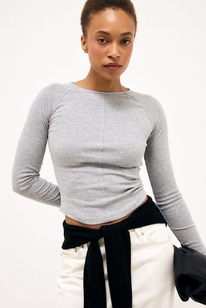 Grey Melange Langærmet jerseytop med rundet kant