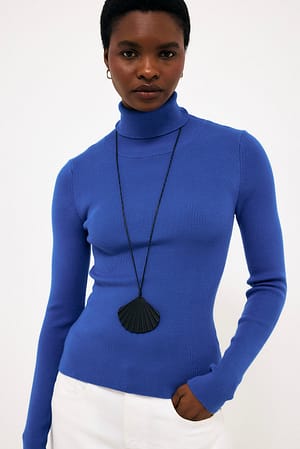 Blue Long Sleeve Turtleneck Ribbed Knitted Top