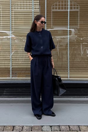 Navy Wide High Waist Suit Pants