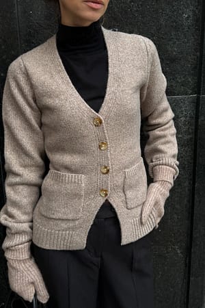 Beige Knitted Wool Blend Fitted Cardigan