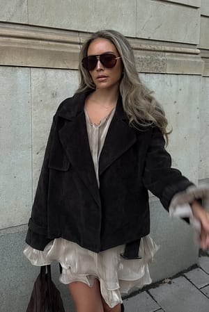 Dark Brown Faux Suede Short Trenchcoat