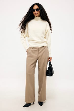 Beige Mid Waist Twill Pants