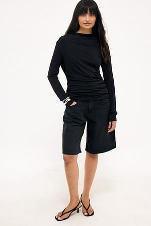 Washed Black Mid Waist Loose Denim Shorts