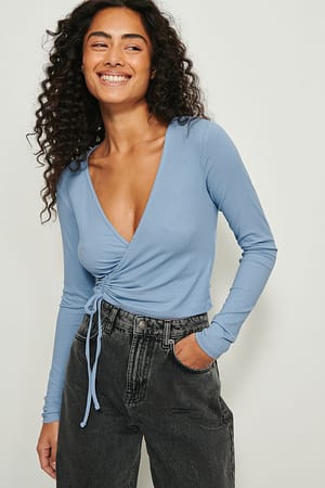 Drawstring Detail Wrap Top Blue | NA-KD