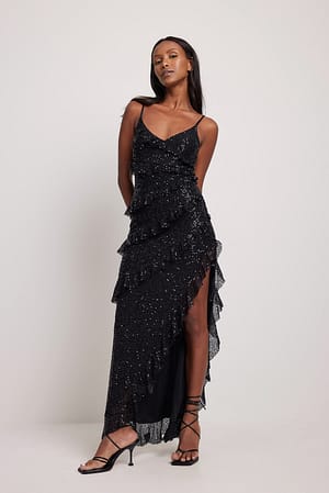 Maxi Dress Black Glitter Tight Dress Frill Detail Black Glitter Mesh