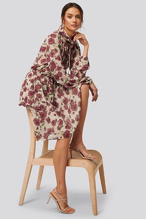 Dark Red Flowers High Frill Neck Dress
