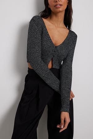 Black Cárdigan recortado de punto de canalé con purpurina